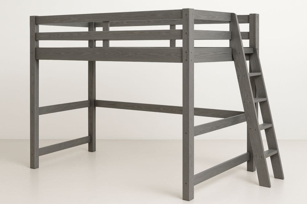 Letto rialzato salvaspazio in legno grigio con scala 200x100x180 cm-Baronilta