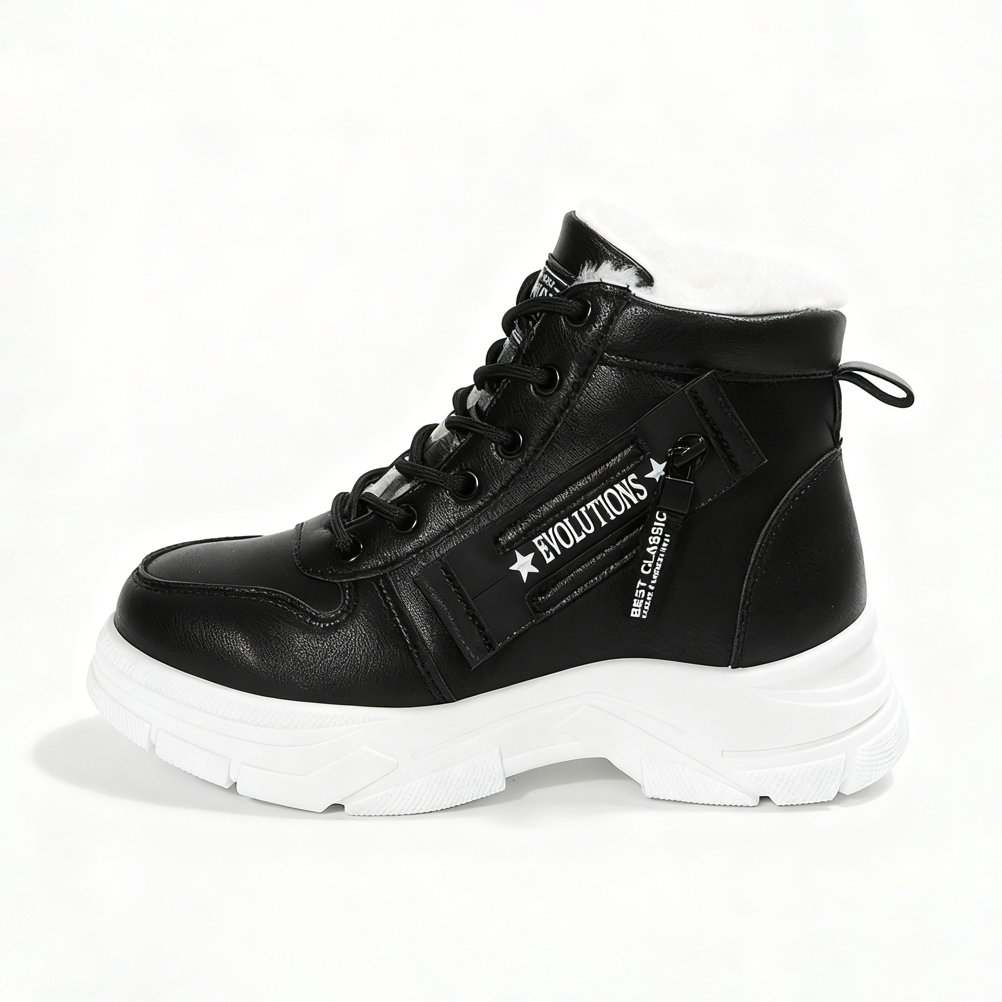 Women's Chunky White Sneakers – Winter Boots with Waterproof Artificial Leather and Fleece Lining