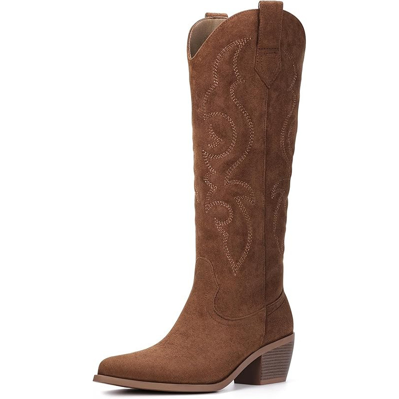 Knee High Cowboy Cowgirl Boots for Women, with Unique Embroidery, Side Zipper and Chunky Heel Design
