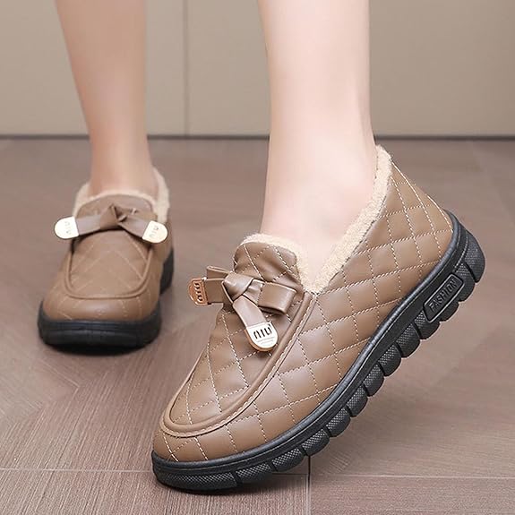 Snow Boots Round Toe Buckle Bowknot Thick Soled Warm Plus Velet Slip On Ankle Booties Comfortable Faux Leather Non-slip Casual Boots