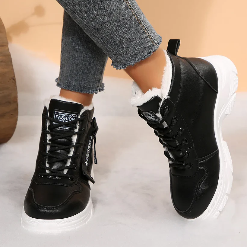 Women's Chunky White Sneakers – Winter Boots with Waterproof Artificial Leather and Fleece Lining