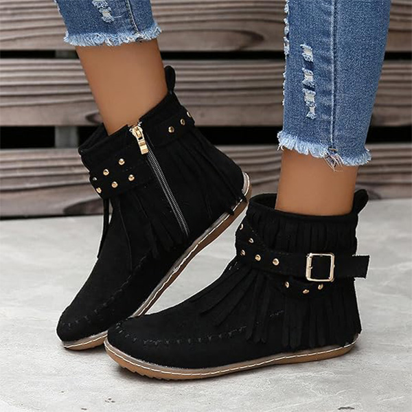 (⏳NOW ON: 70% OFF Sale! 🔥) Women’s Fall/Winter Retro Suede Fringe Moccasin Ankle Boots – Tassel, Studded, Non-Slip