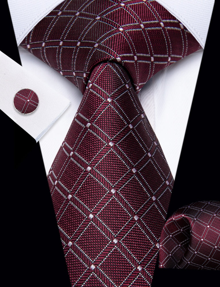 Ties2you Burgundy Red Tie White Lines Plaid Jacquard Mens Necktie Set