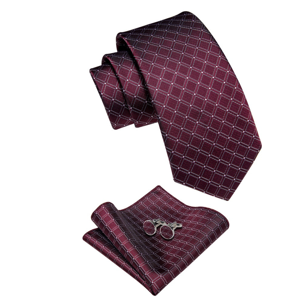 Ties2you Burgundy Red Tie White Lines Plaid Jacquard Mens Necktie Set