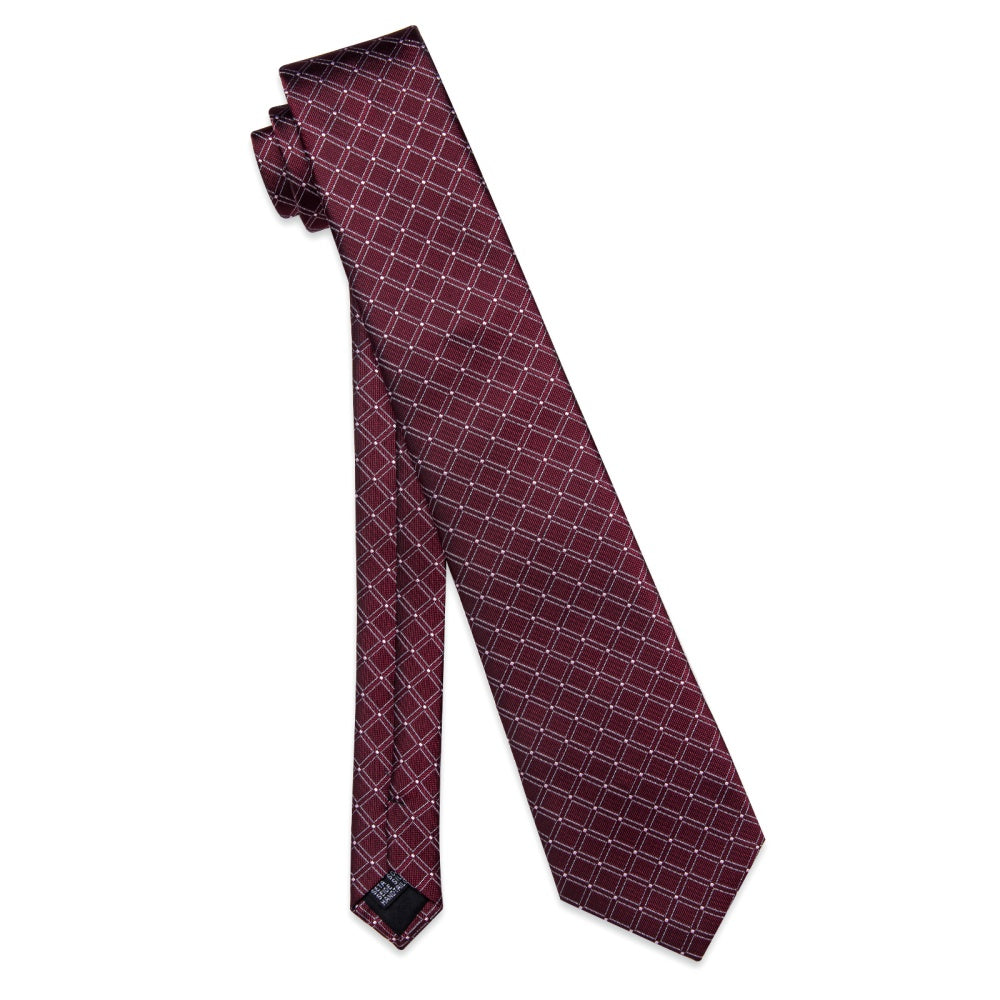 Ties2you Burgundy Red Tie White Lines Plaid Jacquard Mens Necktie Set