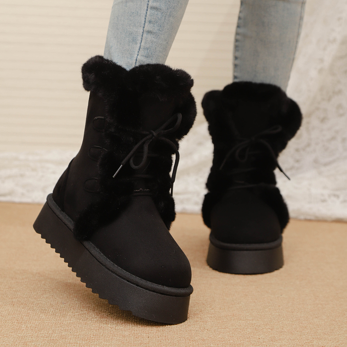 Winter Boots for Women Lace Up Round Toe Mid Calf Boots
