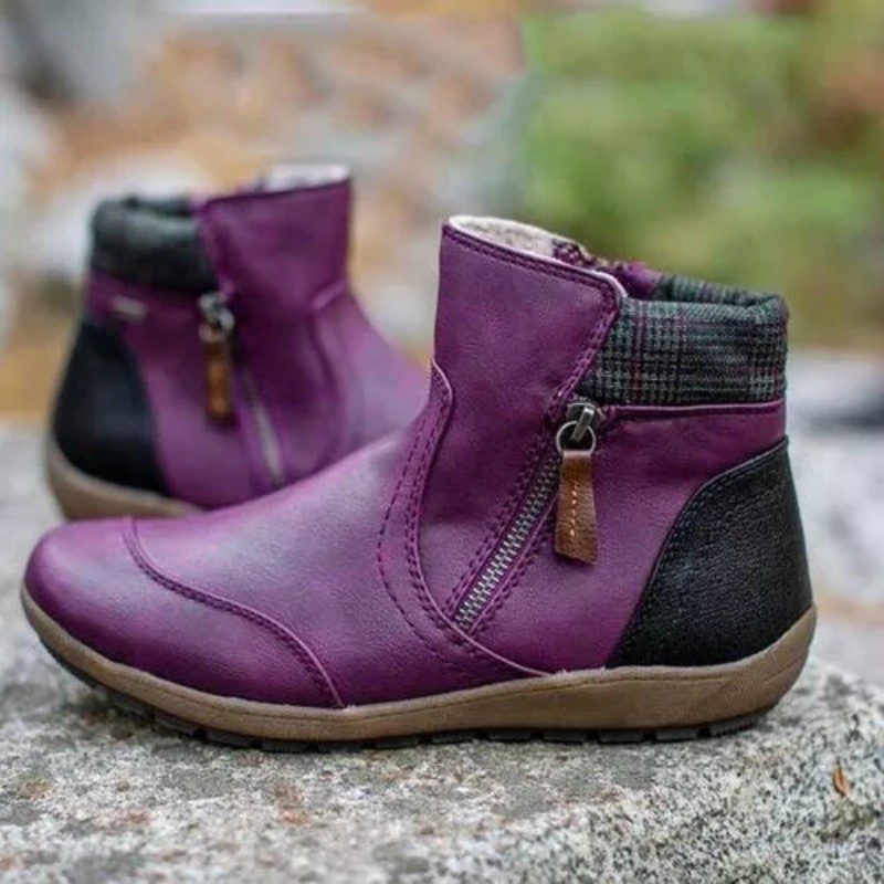 Winter Retro Leather Patchwork Martin Boots for Women - Comfortable Flat Sole Zip-Up Design