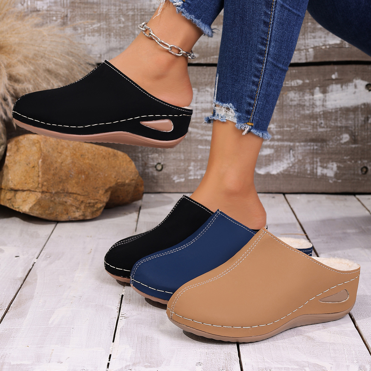 Closed Toe Mules Women Slip-on Walking Shoes Winter Warm Comfortable Slippers