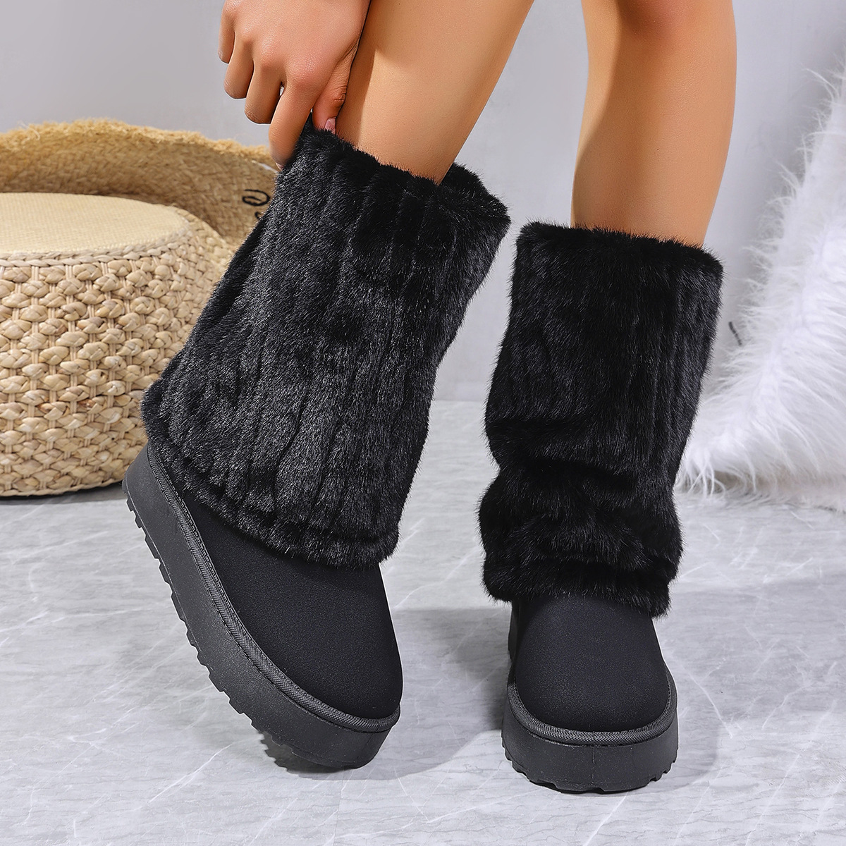 Fall Winter New Faux Fur Lined Mid-Calf Women’s Snow Boots