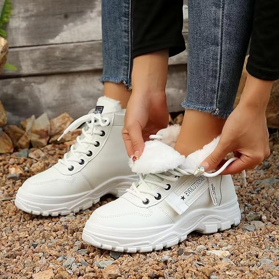 Women's Chunky White Sneakers – Winter Boots with Waterproof Artificial Leather and Fleece Lining