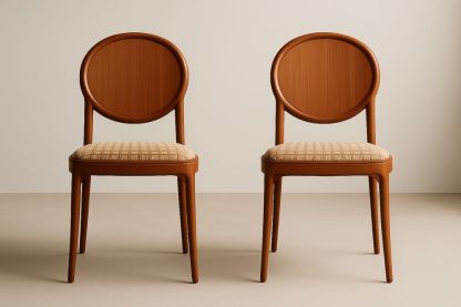 Chaises rondes en bois massif et tissu beige