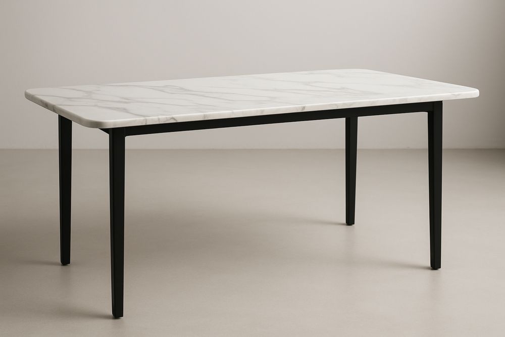 Table rectangulaire avec plateau effet marbre et structure en acier, Blanc/Noir
