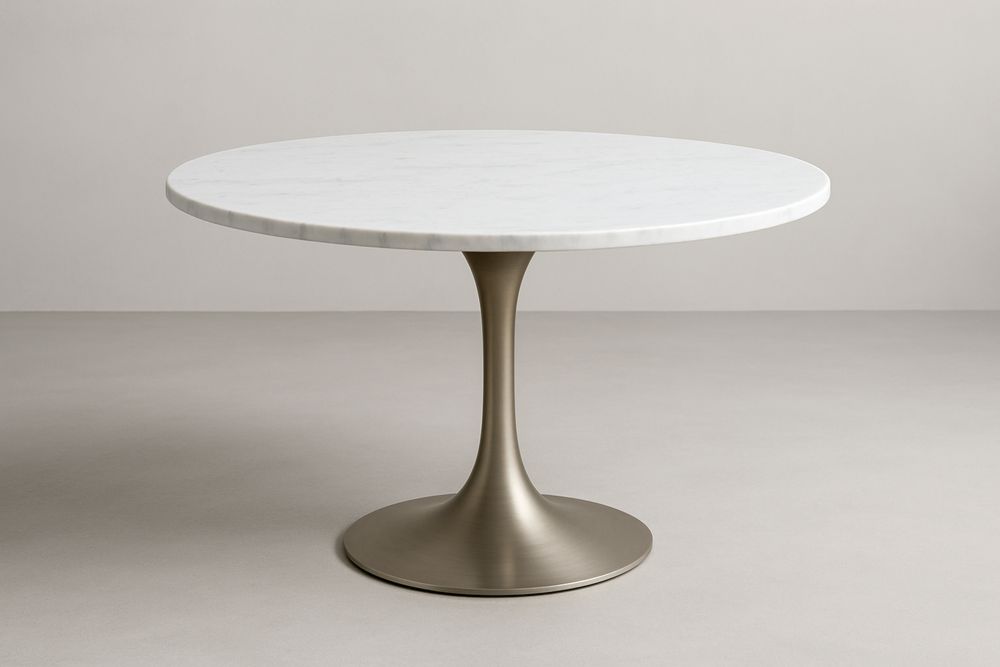 Table ronde avec plateau effet marbre et structure en acier inoxydable, Blanc/Argenté