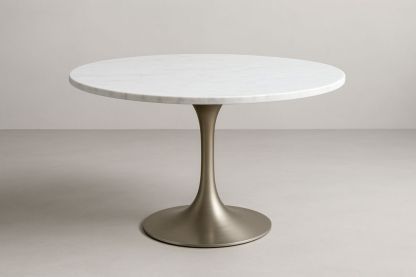 Table ronde avec plateau effet marbre et structure en acier inoxydable, Blanc/Argenté