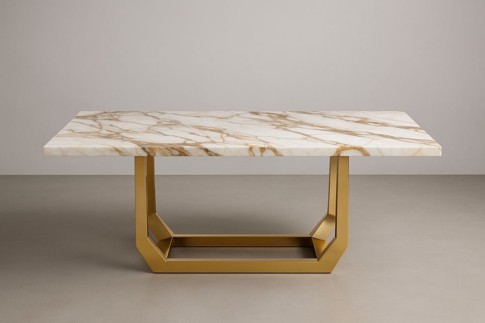 Table à manger rectangulaire avec plateau effet marbre et structure en acier doré 180x90x75cm(L×l×H)