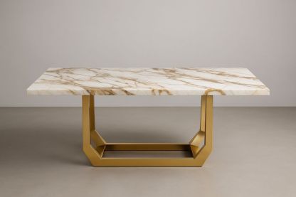 Table à manger rectangulaire avec plateau effet marbre et structure en acier doré 180x90x75cm(L×l×H)