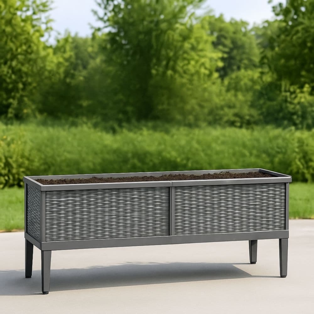 Fioriera Rettangolare Grande da Giardino in Polyrattan Grigio 120x30x50 cm-Renolivro