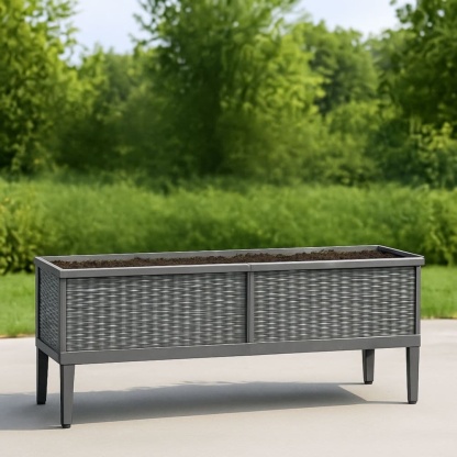 Fioriera Rettangolare Grande da Giardino in Polyrattan Grigio 120x30x50 cm-Renolivro