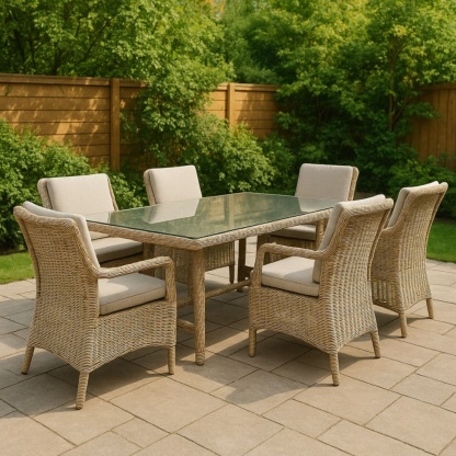 Set da Giardino in Rattan 6 Sedie Tavolo Rettangolare Vetro Temperato Beige-Renolivro
