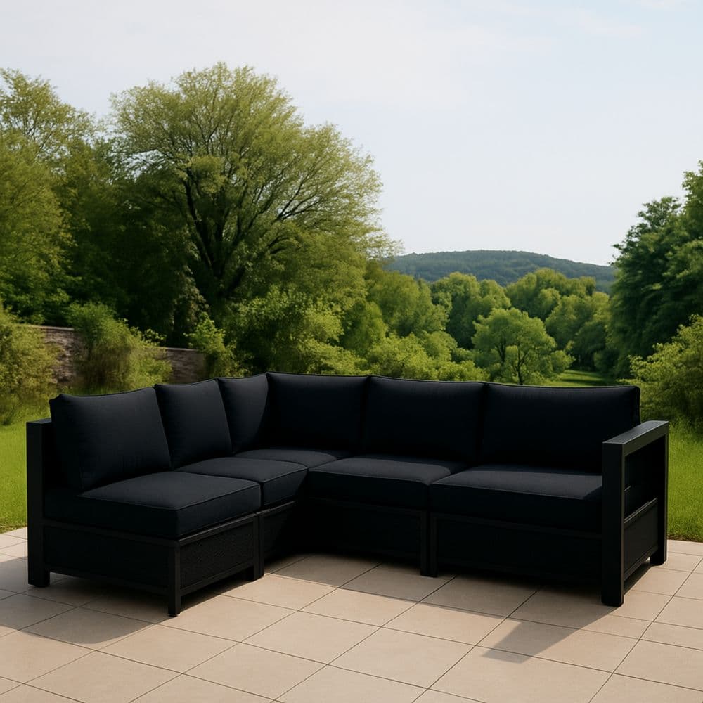 Divano Angolare Modulare da Giardino in Alluminio e Tessuto Nero-Renolivro