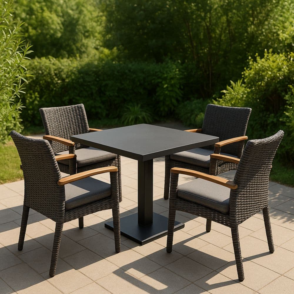 Set tavolo da esterno quadrato in alluminio e sedie in rattan sintetico grigio 90x90x75 cm-Renolivro