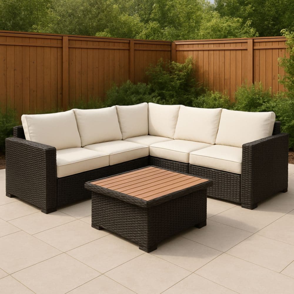 Set Divano da Giardino in Polyrattan con Tavolino in Legno 5 Posti Nero/Beige-Renolivro