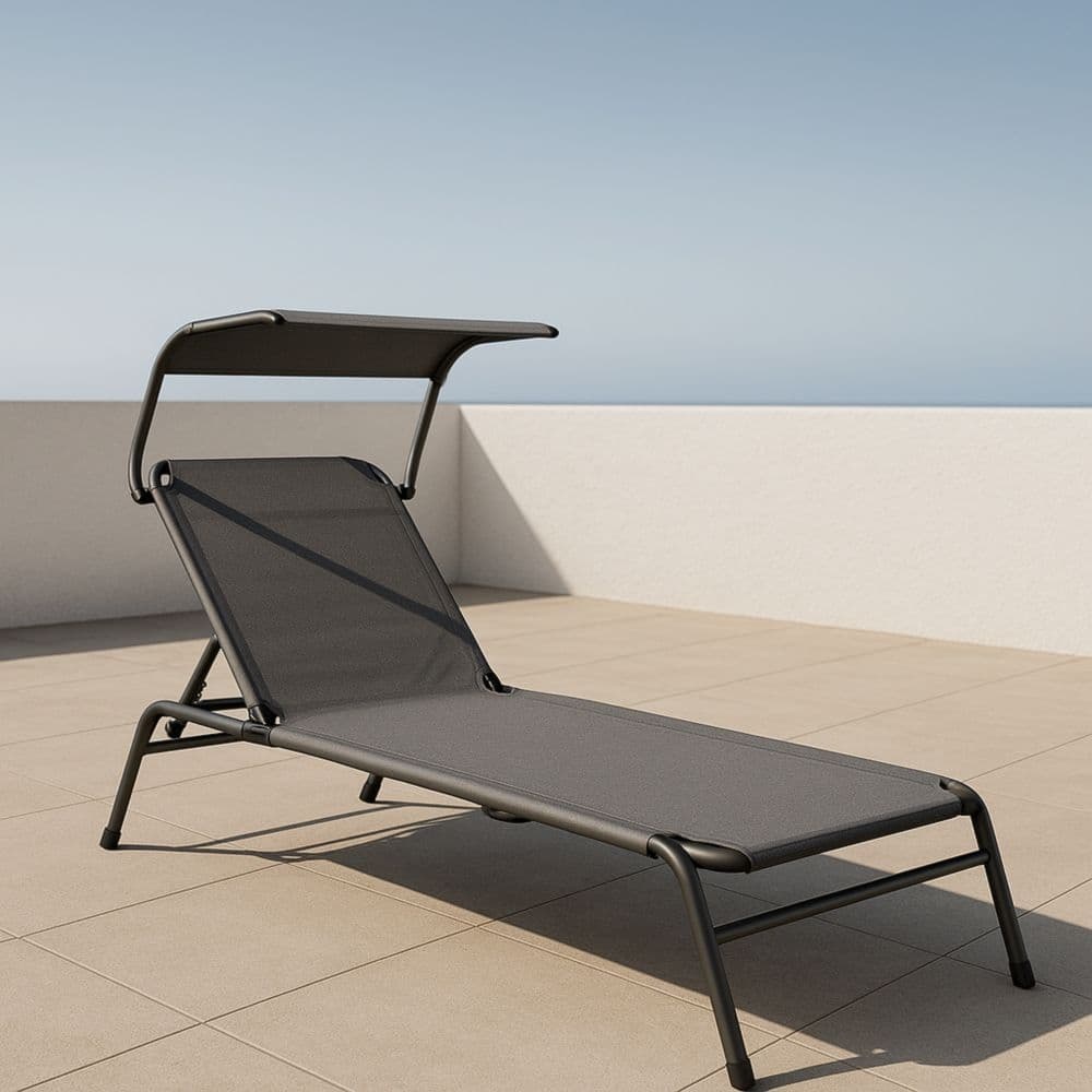 Lettino Sdraio con Parasole Regolabile in Alluminio e Tessuto Grigio 195x65x96 cm-Renolivro