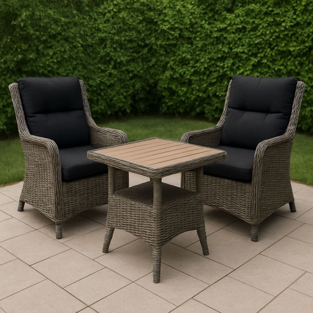 Set Mobili da Giardino in Rattan Effetto con Cuscini Neri e Tavolino Quadrato 74x74 cm-Renolivro