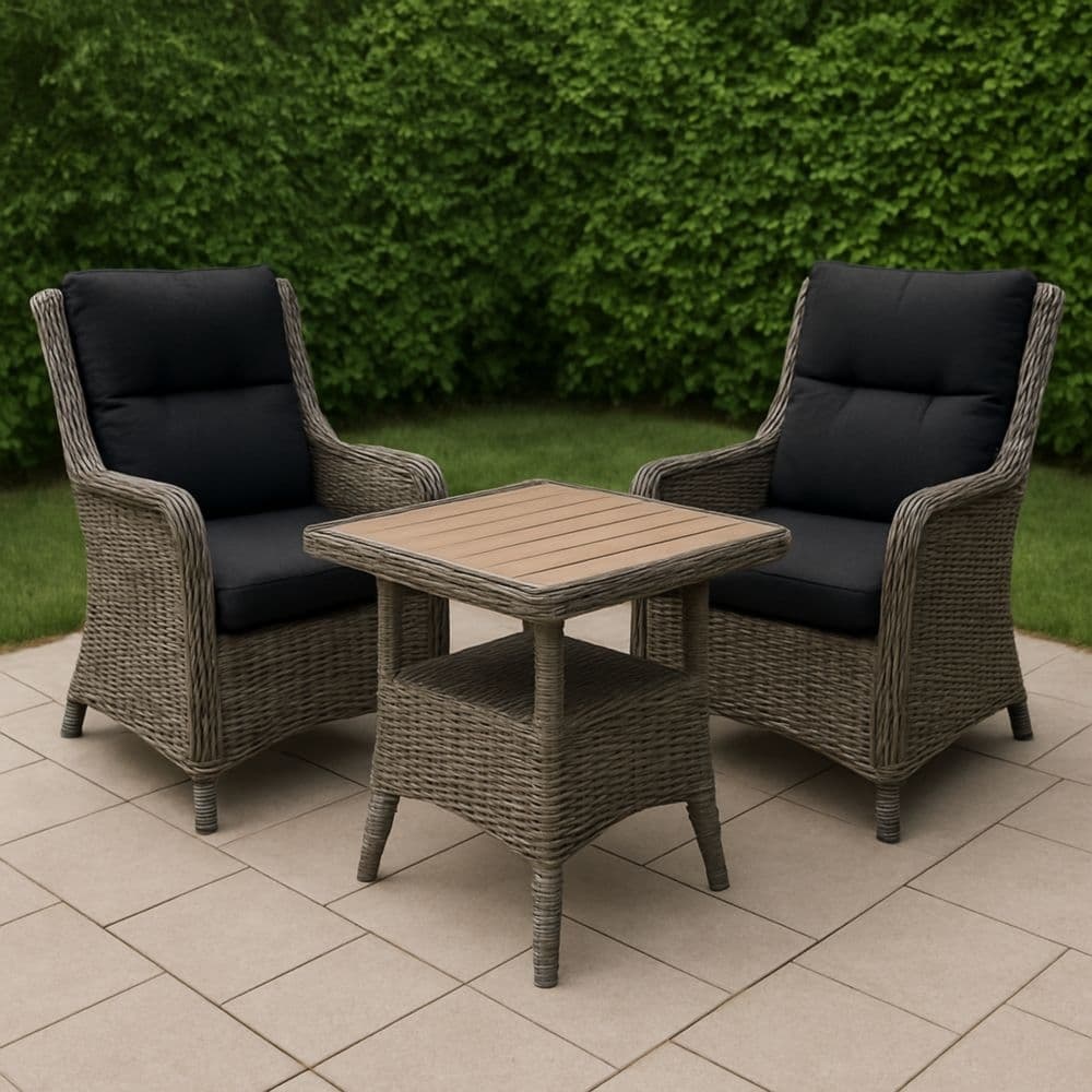 Set Mobili da Giardino in Rattan Effetto con Cuscini Neri e Tavolino Quadrato 74x74 cm-Renolivro