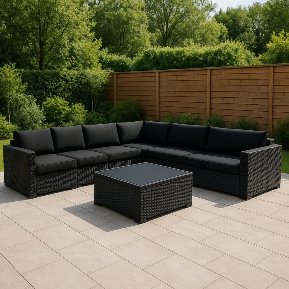 Set Divano Angolare Esterno in Rattan con Tavolino in Vetro Nero-Renolivro