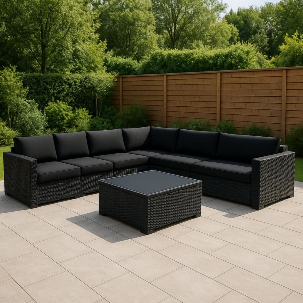 Set Divano Angolare Esterno in Rattan con Tavolino in Vetro Nero-Renolivro