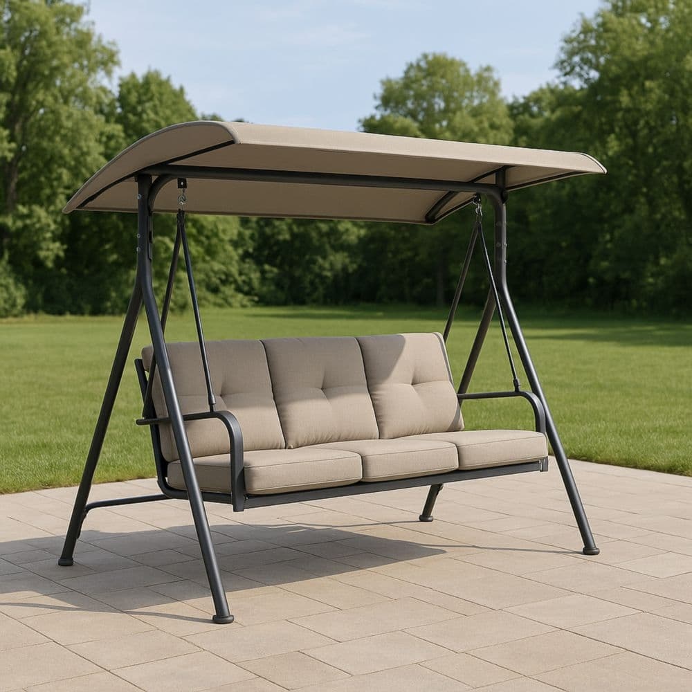 Dondolo da Giardino a Tre Posti Telaio in Acciaio Tessuto Poliestere Beige 200x120x164 cm-Renolivro