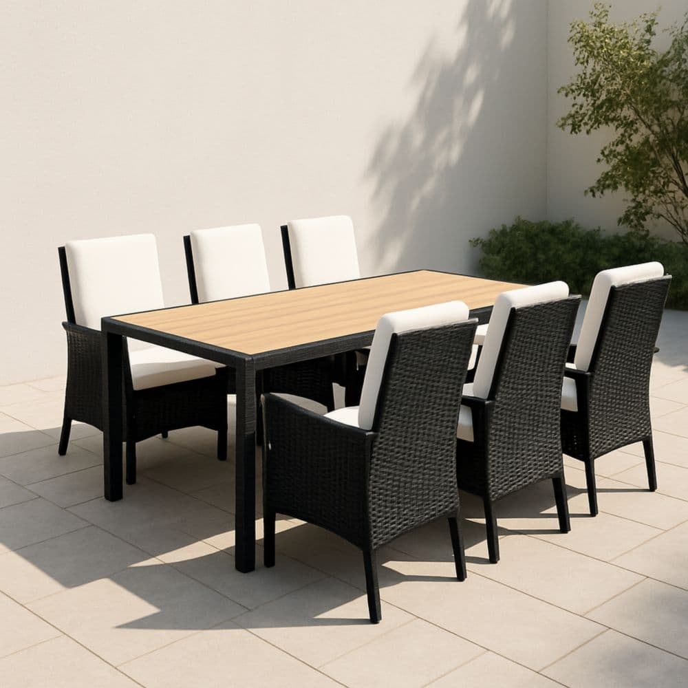 Set da Giardino 7 Pezzi in Rattan Sintetico Nero e Legno Tavolo 150x90x75 cm Sedie 58x60x88 cm-Renolivro
