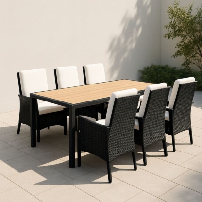Set da Giardino 7 Pezzi in Rattan Sintetico Nero e Legno Tavolo 150x90x75 cm Sedie 58x60x88 cm-Renolivro