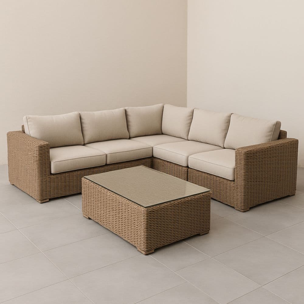 Divano angolare modulare in rattan sintetico e tavolino con piano in vetro temperato beige-Renolivro