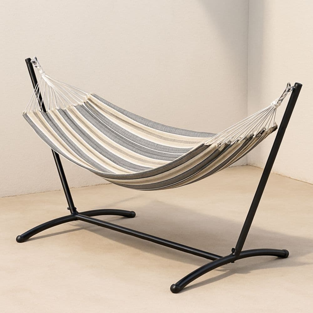 Amaca con Struttura in Acciaio - 300cm Lunghezza Tessuto Cotone Poliestere Grigio/Nero-Renolivro