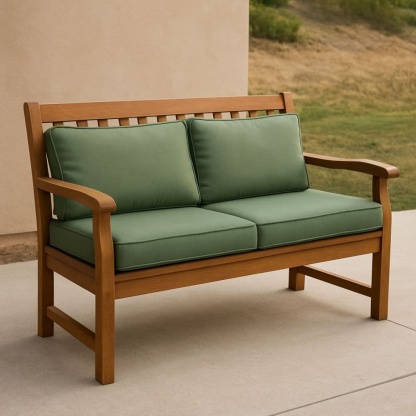 Panchina da giardino in legno di eucalipto con cuscini verdi in poliestere 120 cm-Renolivro