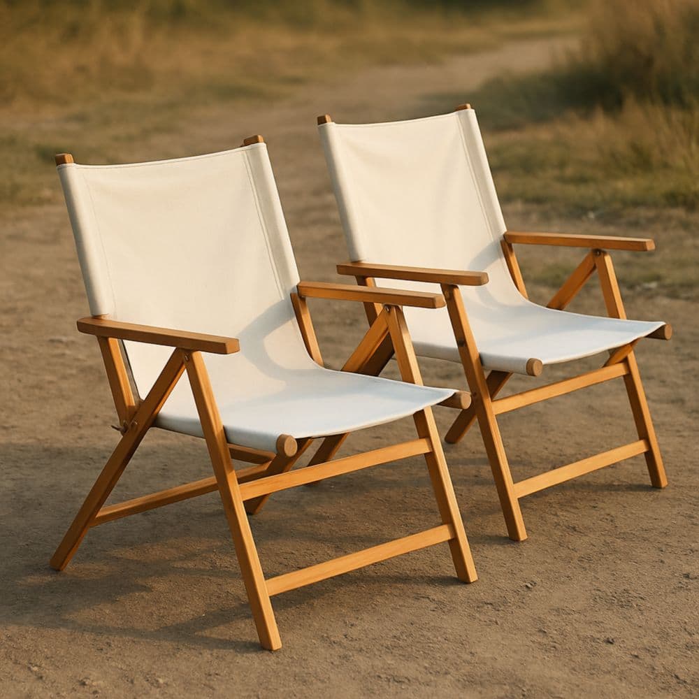 Set di sedie pieghevoli da esterno in legno e tessuto bianco-Renolivro