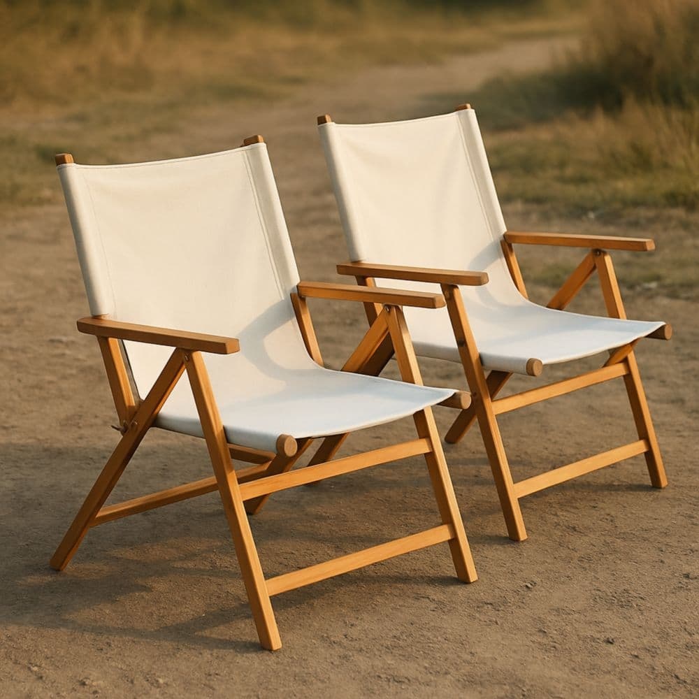 Set di sedie pieghevoli da esterno in legno e tessuto bianco-Renolivro