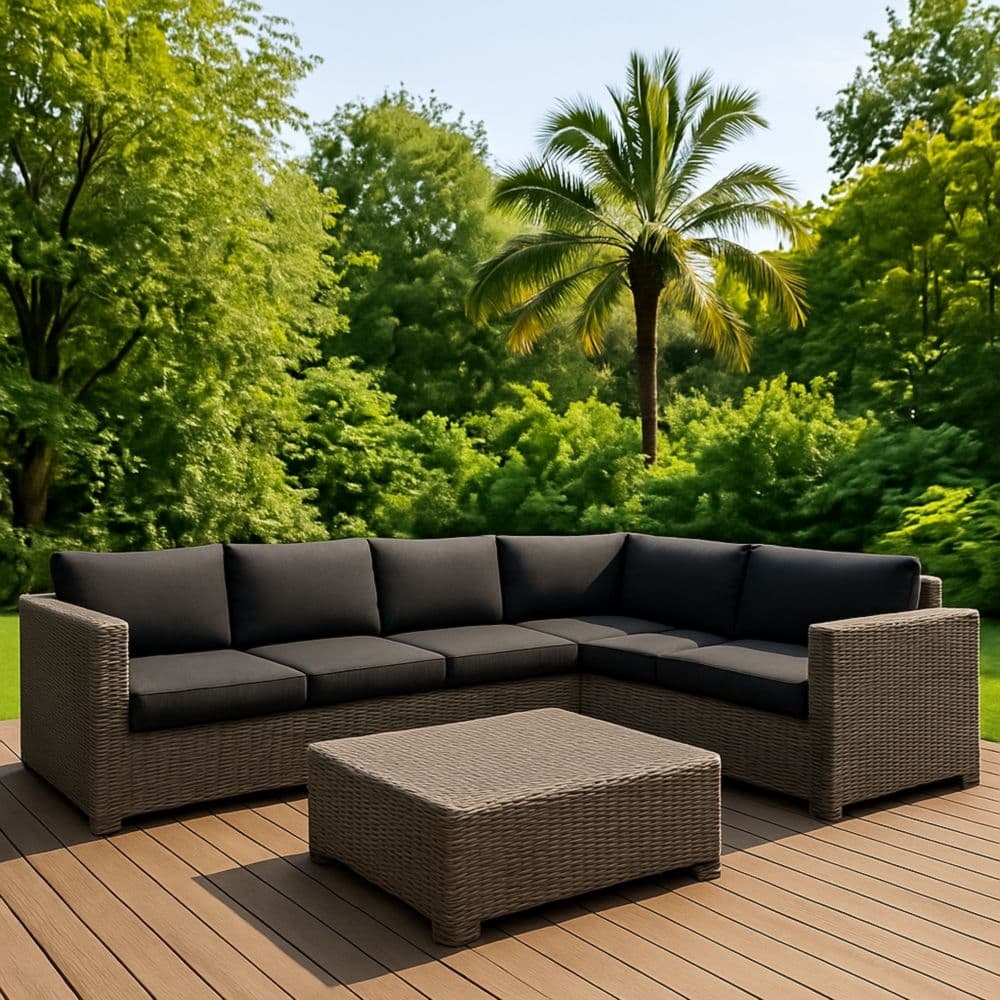 Divano angolare da giardino in rattan sintetico con cuscini neri in poliestere 210x210x68 cm-Renolivro