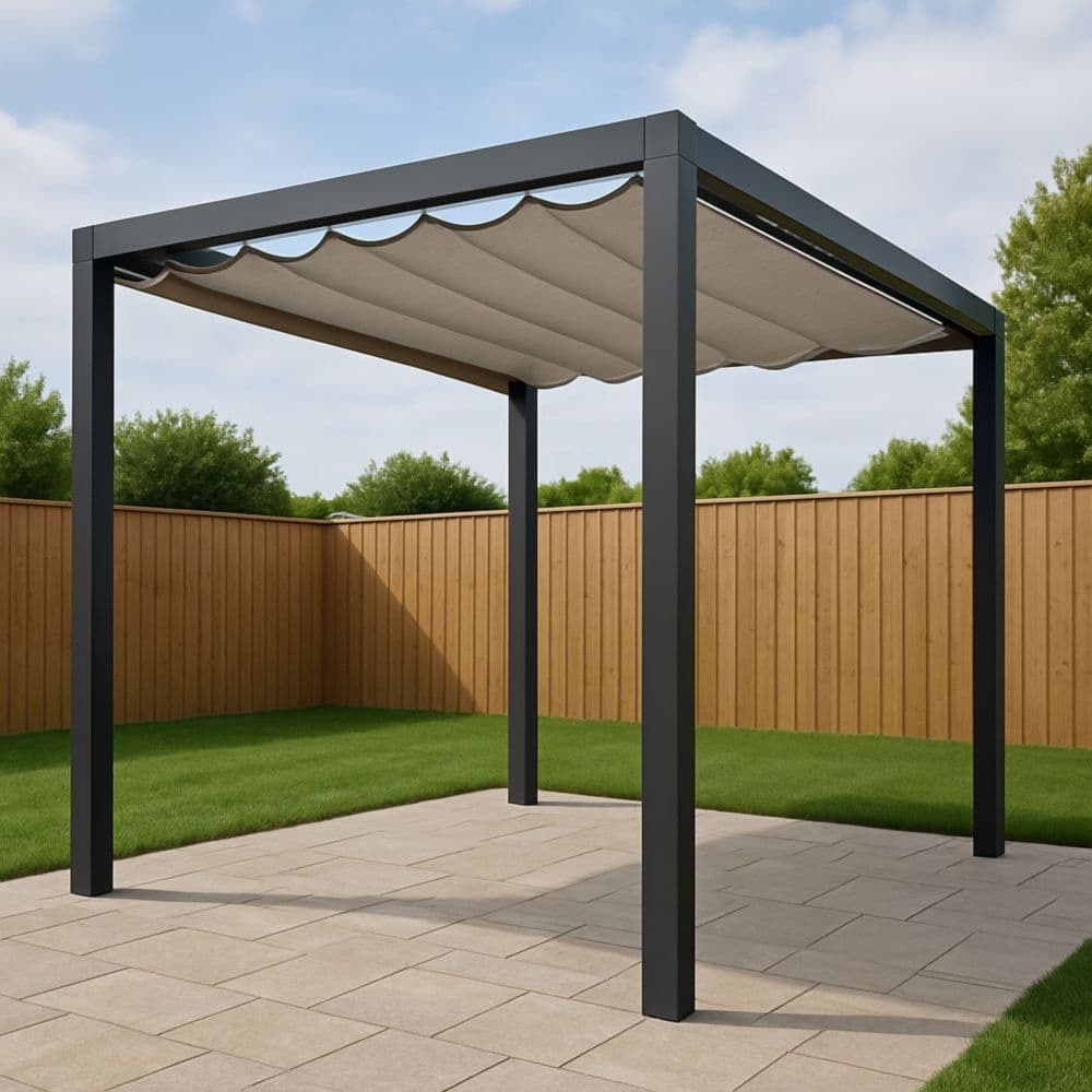 Pergola da Giardino in Alluminio Grigio 3x3x2.5m Tettuccio Retrattile Tessuto Poliestere-Renolivro
