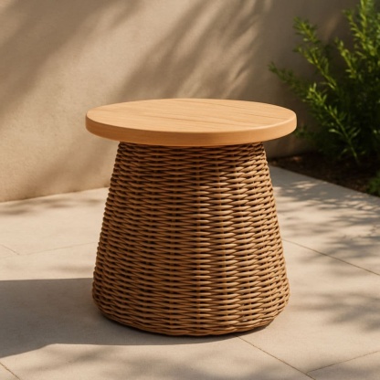 Tavolino da Giardino Rotondo in Legno di Acacia e Base in Rattan Sintetico Ø50 cm-Renolivro