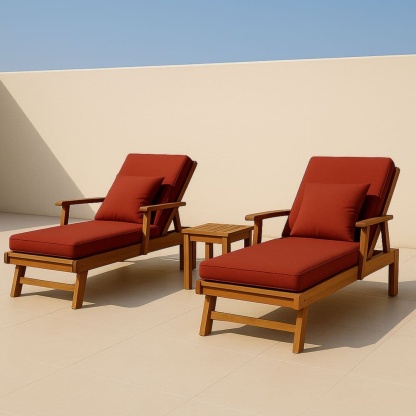 Set sdraio regolabili in legno di eucalipto con cuscini in poliestere rosso-Renolivro