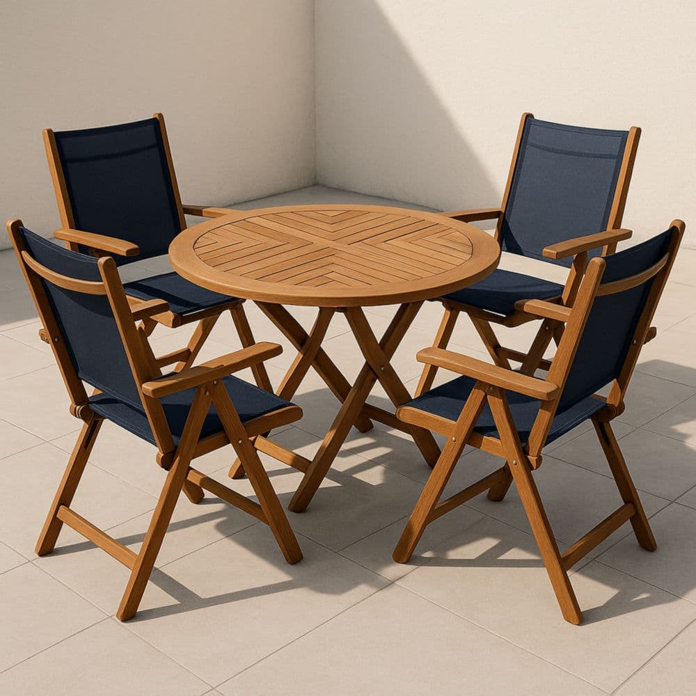 Set Tavolo Rotondo con Sedie Pieghevoli da Giardino in Legno di Teak e Tessuto Poliestere Blu 120 cm-Renolivro