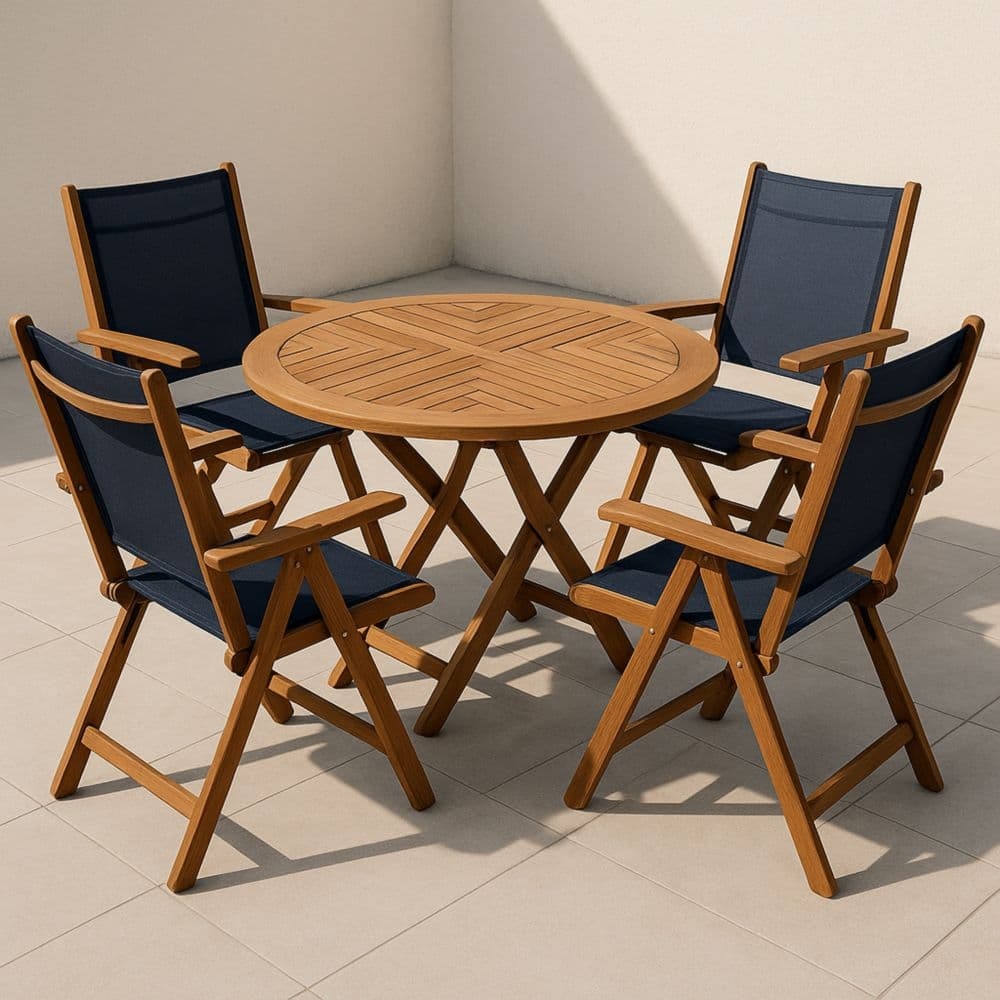 Set Tavolo Rotondo con Sedie Pieghevoli da Giardino in Legno di Teak e Tessuto Poliestere Blu 120 cm-Renolivro