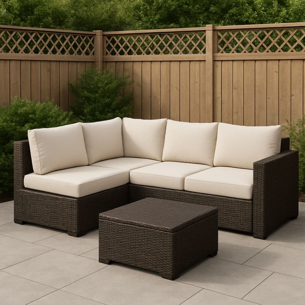 Set Divano Angolare da Giardino in Rattan Sintetico Marrone Cuscini Bianco Crema-Renolivro