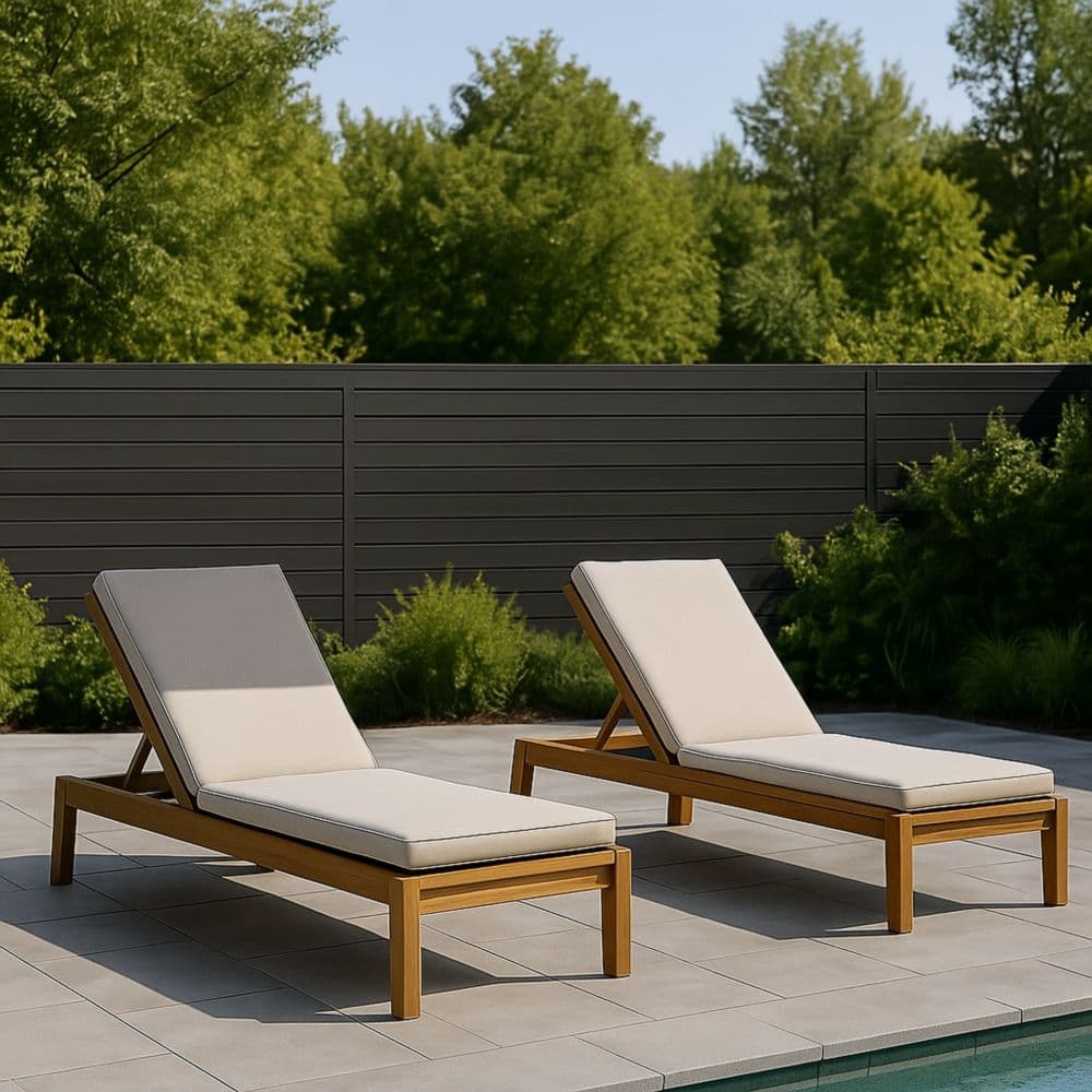 Set sdraio da piscina in legno con cuscini regolabili tessuto beige/lino-Renolivro