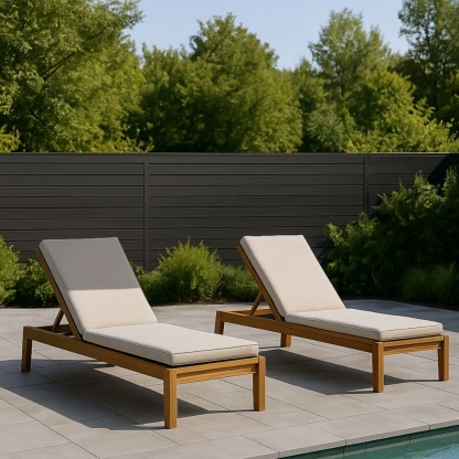 Set sdraio da piscina in legno con cuscini regolabili tessuto beige/lino-Renolivro
