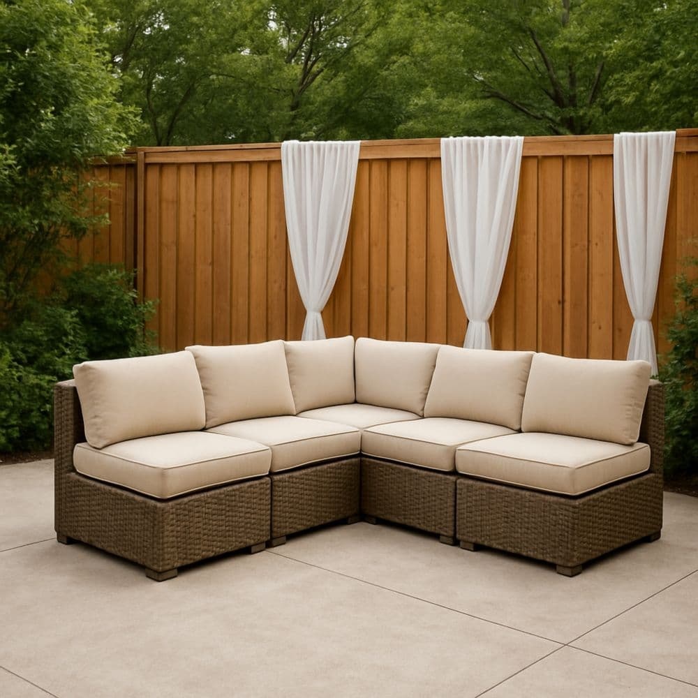 Salotto angolare modulare in rattan sintetico con cuscini sfoderabili crema 5 pezzi-Renolivro