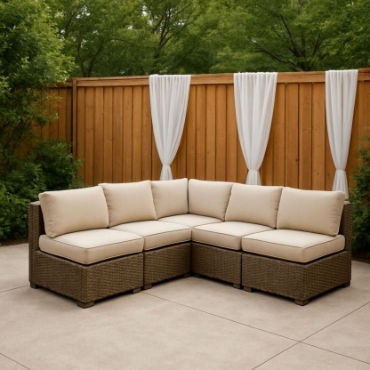 Salotto angolare modulare in rattan sintetico con cuscini sfoderabili crema 5 pezzi-Renolivro